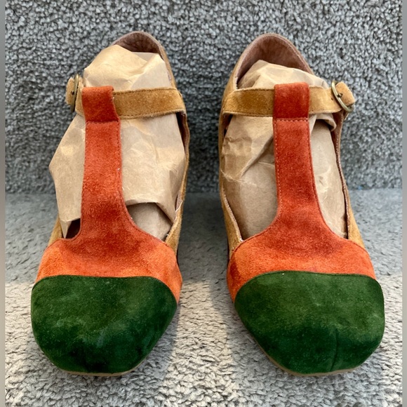 Jeffrey Campbell Darnell Suede Wedge Shoes Colorblock Green Orange Tan 7.5 - Picture 7 of 14